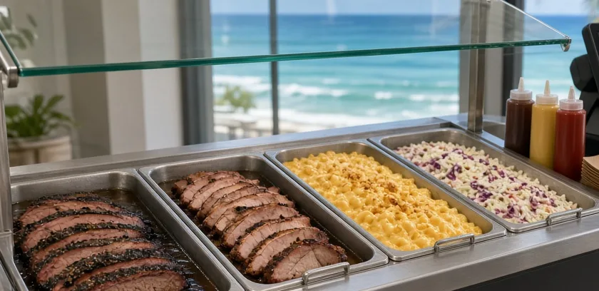 Sliced smoked brisket held in au jus on a steam table, next to mac and cheese and coleslaw, with the ocean beyond.