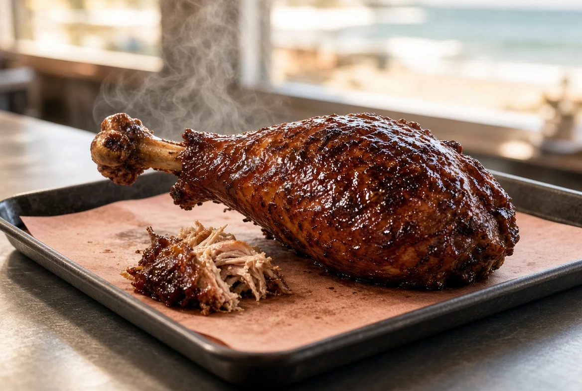 A whole smoked turkey leg with a glossy mahogany crust on pink butcher paper, steam rising, with the ocean beyond.